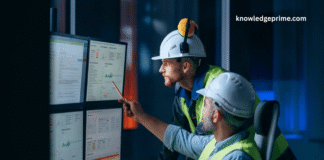 Team analyzing safety data on EHS software dashboard for workplace compliance and performance