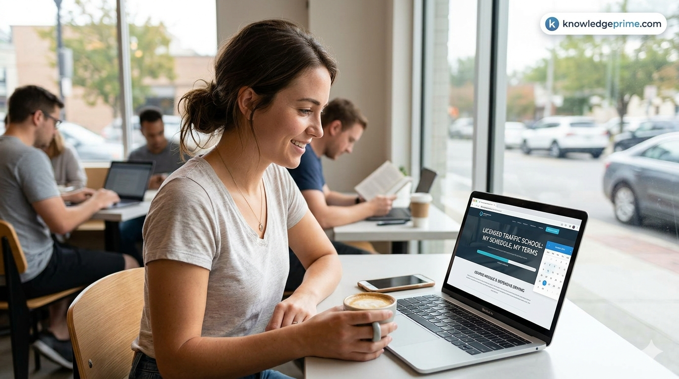 A woman smiling while working on a laptop in a bright cafe, showing a licensed traffic school course on the screen with a KnowledgePrime.com logo in the corner.
